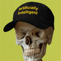 Skull wearing a black cap with 'artificially intelligent' text on a green background