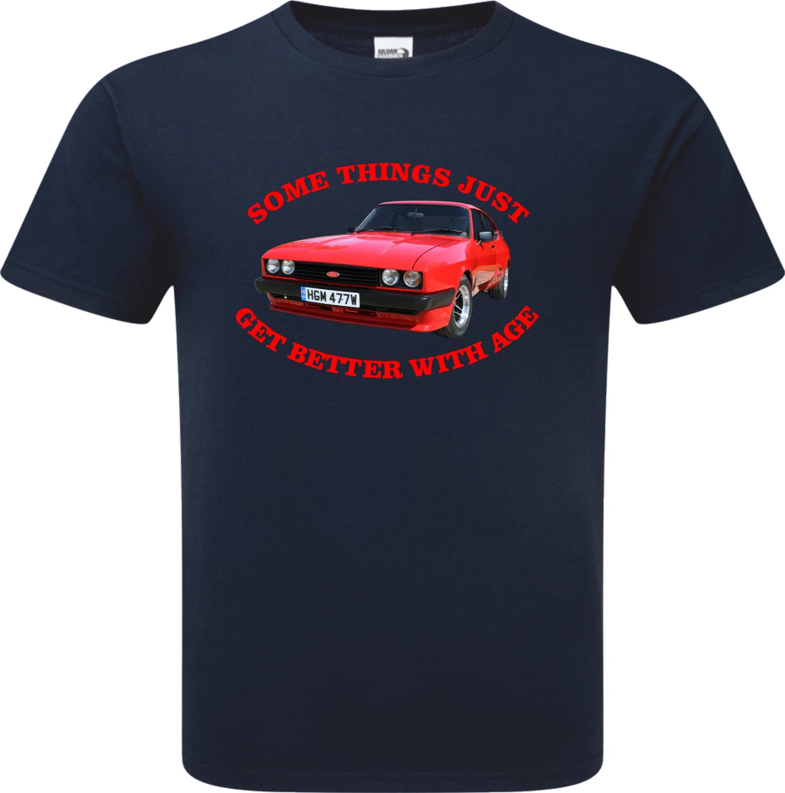 Navy blue t-shirt with red car graphic and text on a white background