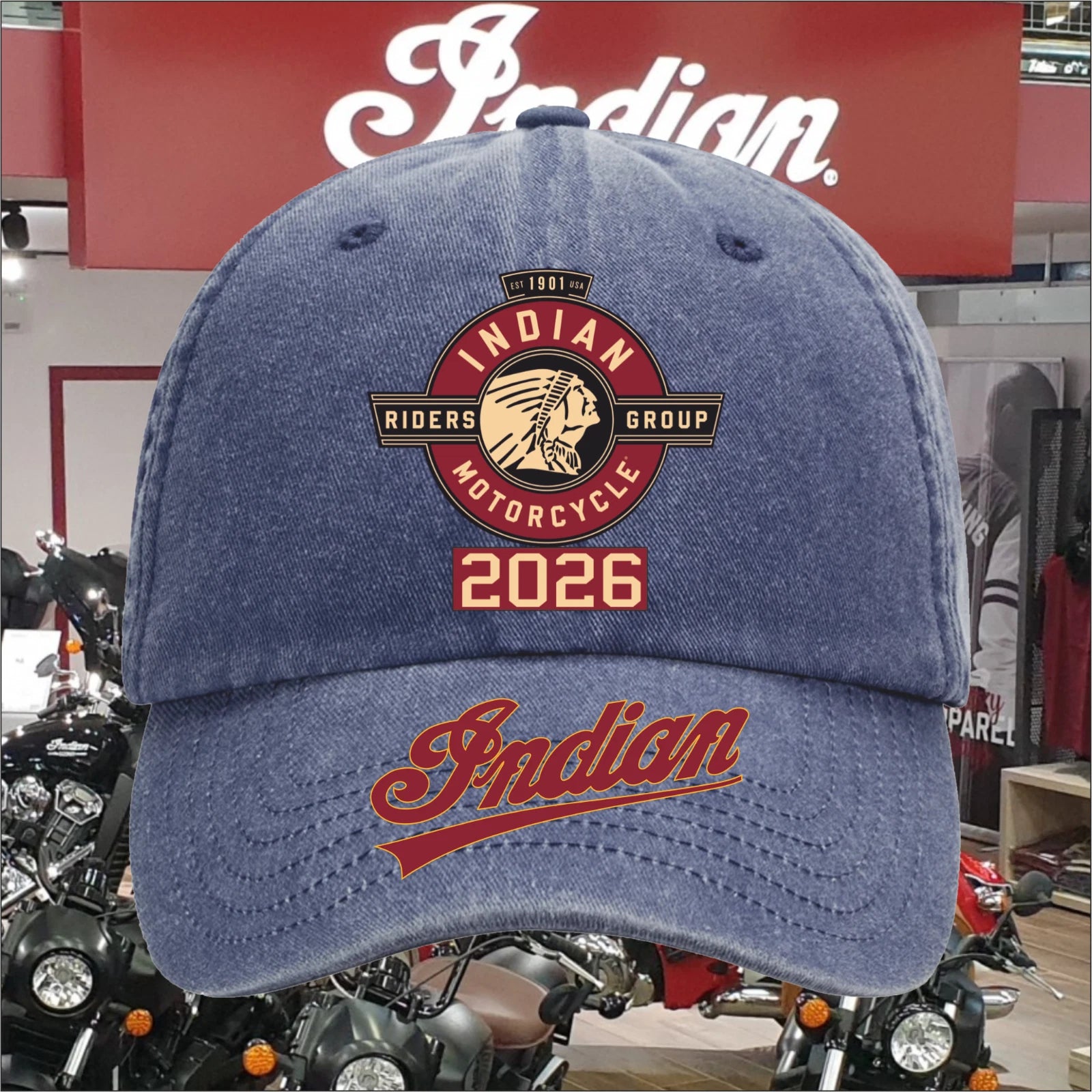 Indian Riders Group Motorcycle Club 2026 Logo Relaxed Vintage Baseball Cap