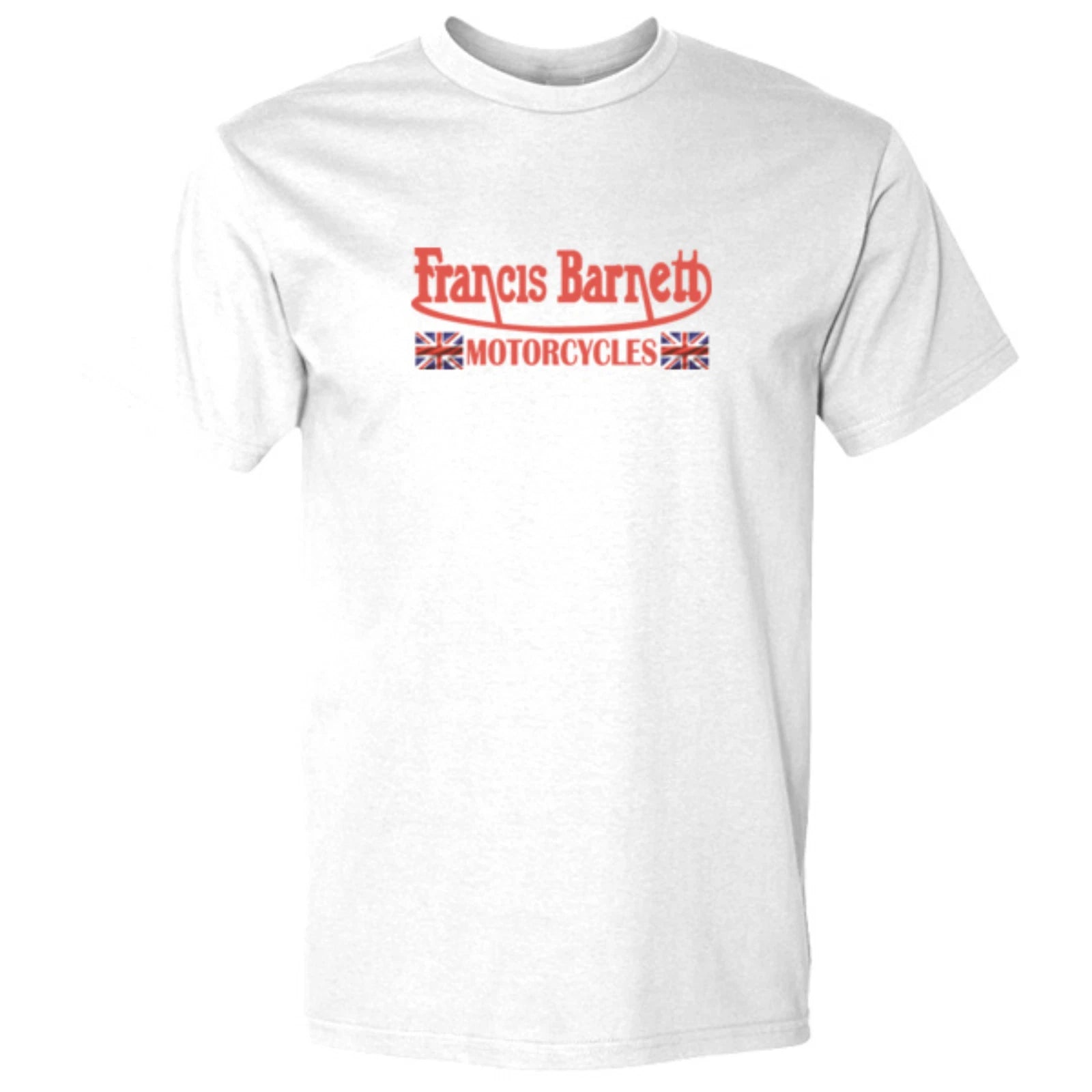 White t-shirt with red 'Francis Barnett Motorcycles' text on a white background