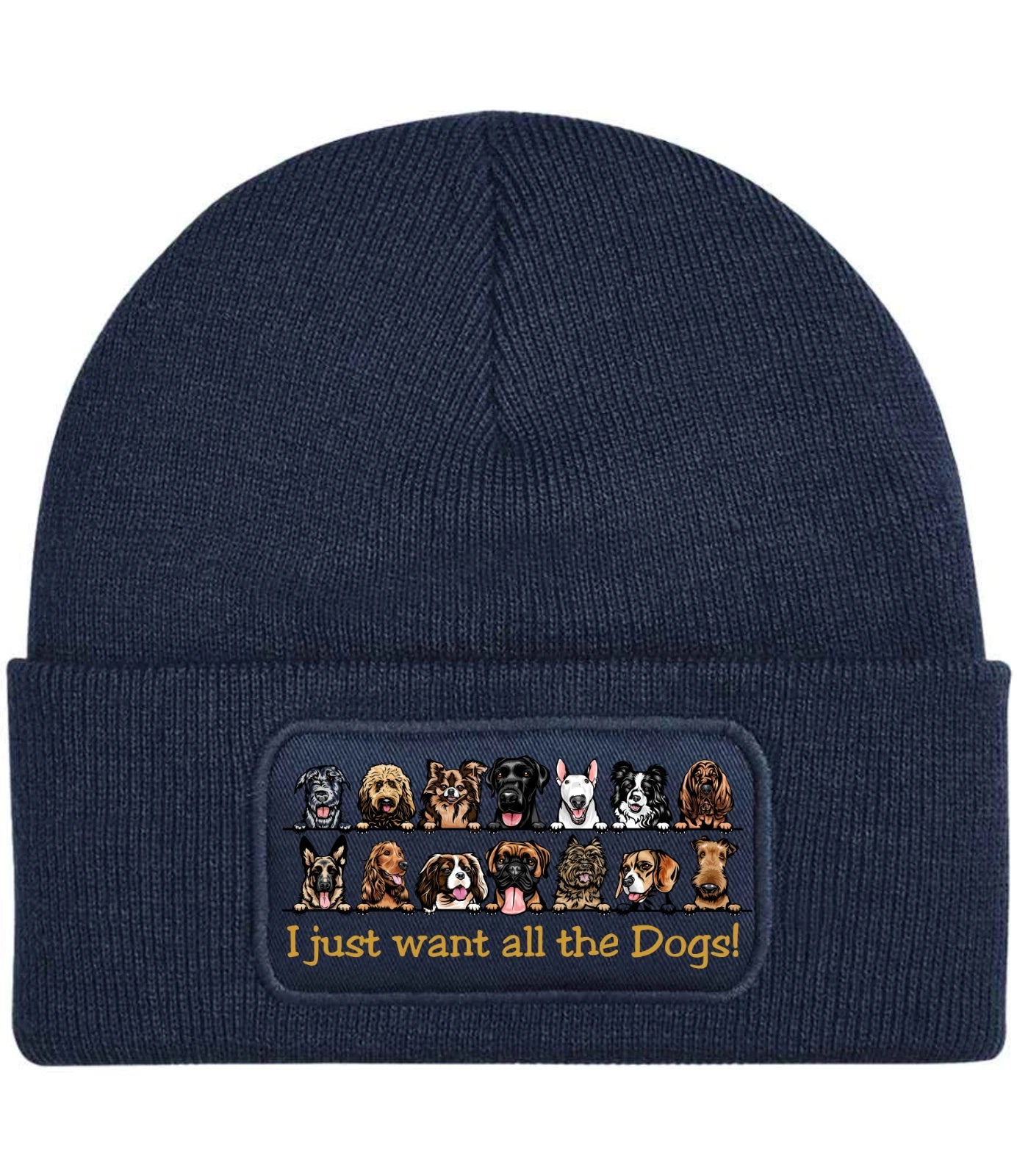 Funny I Want All The Dogs illustration and text knitted Premium Quality Beanie