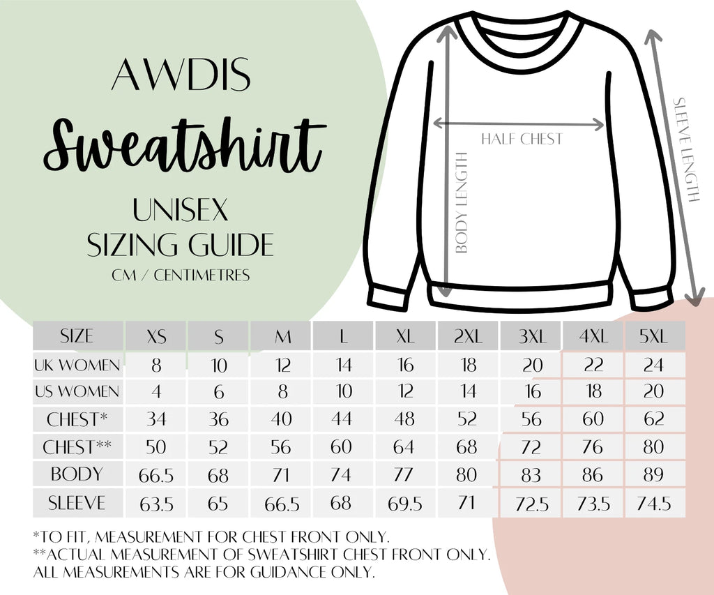 AWDIS sweatshirt sizing guide with measurements and chart