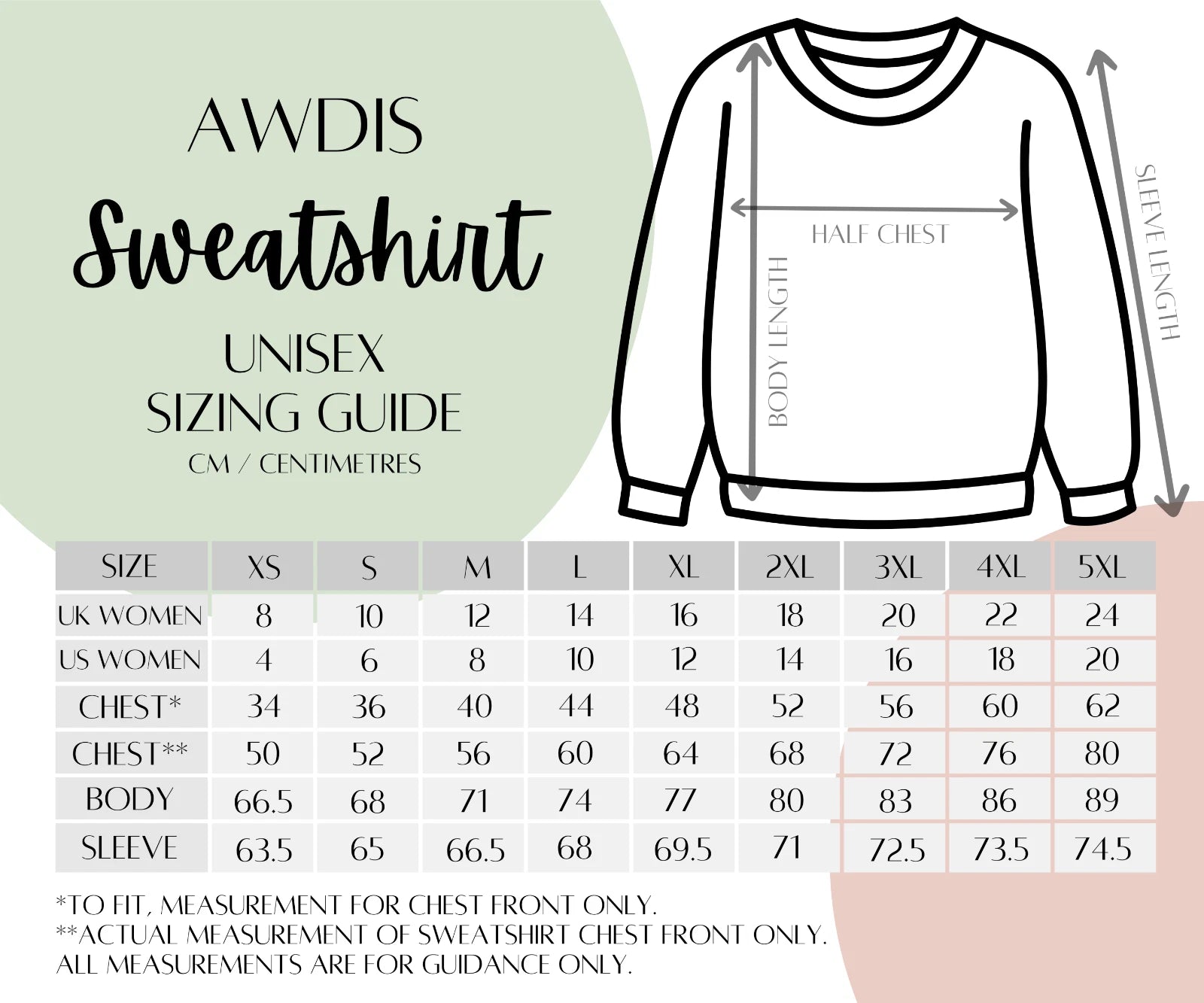 AWDIS sweatshirt sizing guide with measurements and chart