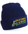Navy blue beanie with 'Tractors & Beer Living the Dream' text and graphic on a white background