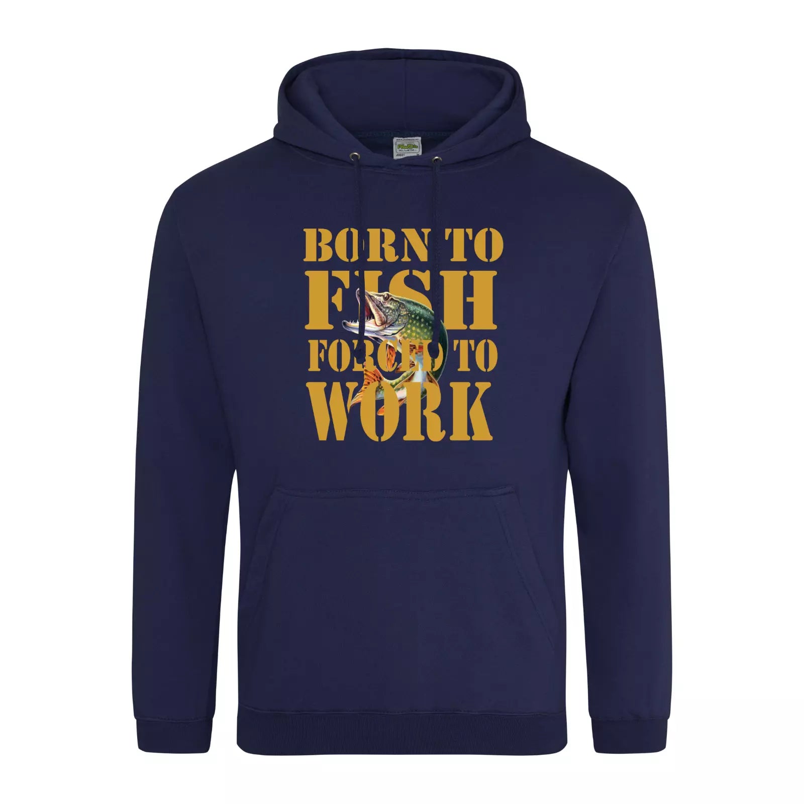 Navy blue hoodie with yellow text and fish graphic on a white background