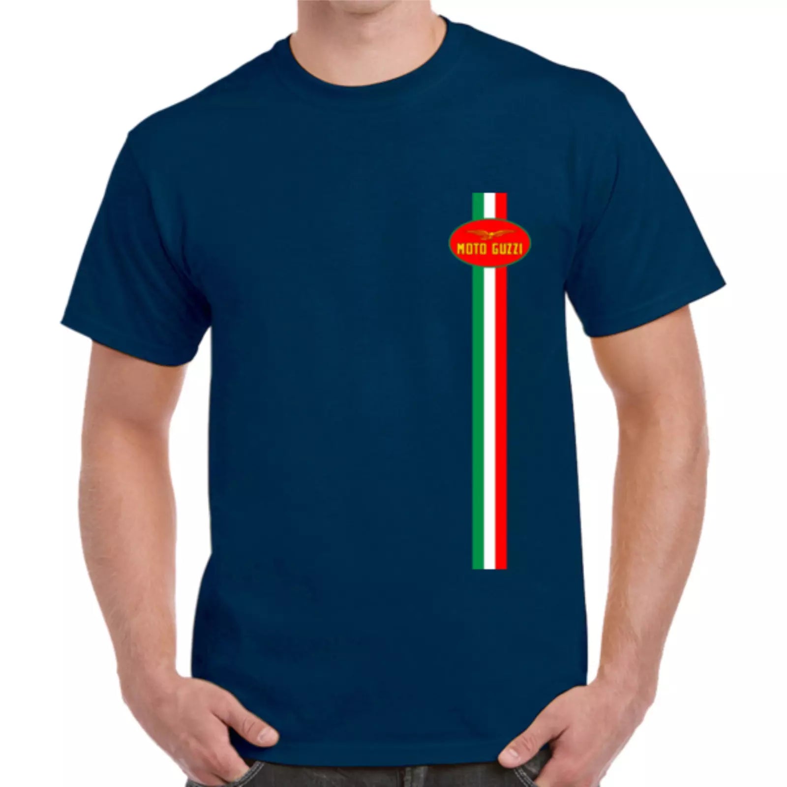 Navy blue t-shirt with a red, white, and green graphic on a white background