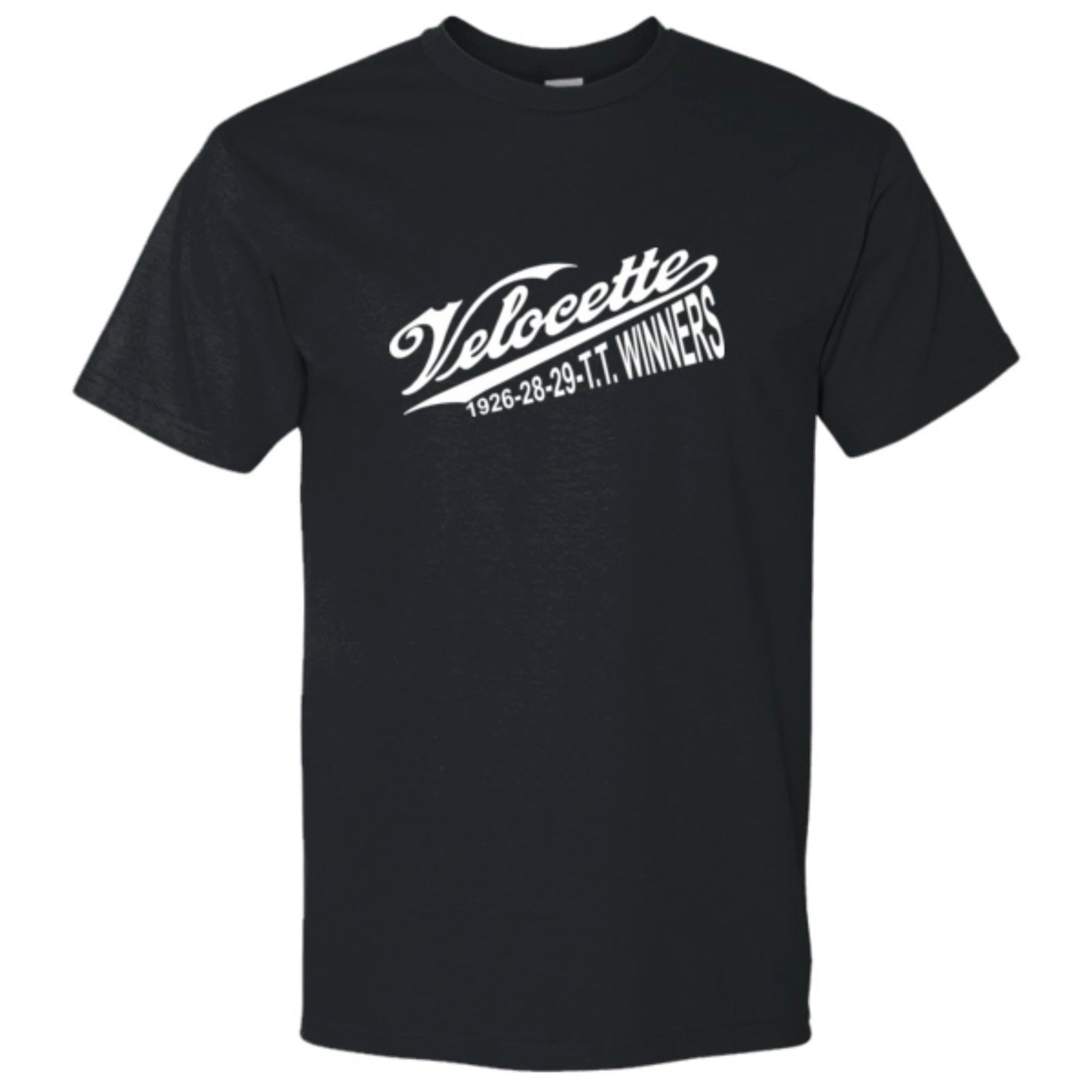 Black t-shirt with white text 'Velocette 1926-28-29 T.T. Winners' on a white background