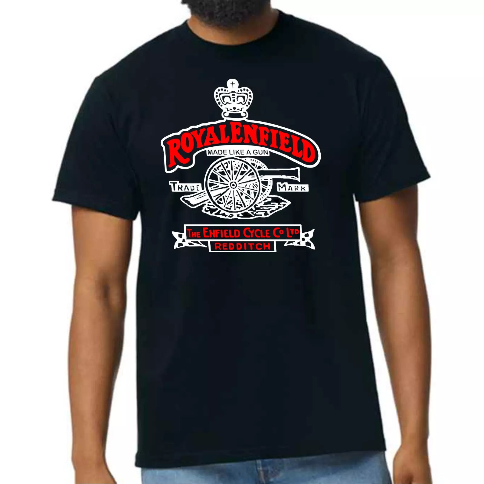 Black t-shirt with Royal Enfield logo worn by a person on a white background