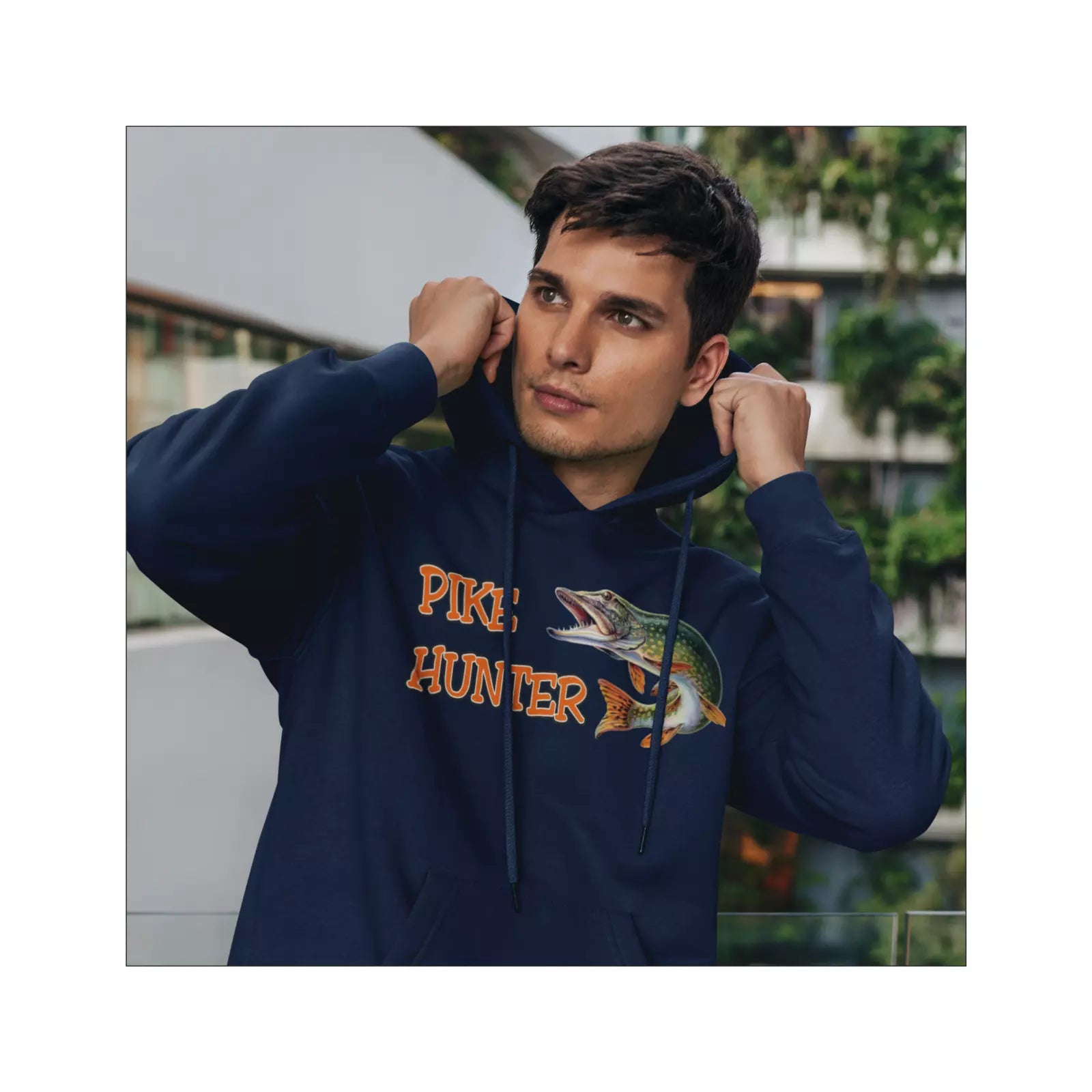 Humorous Funny Fishing Pike Hunter Image Premium Quality Hooded Sweatshirt