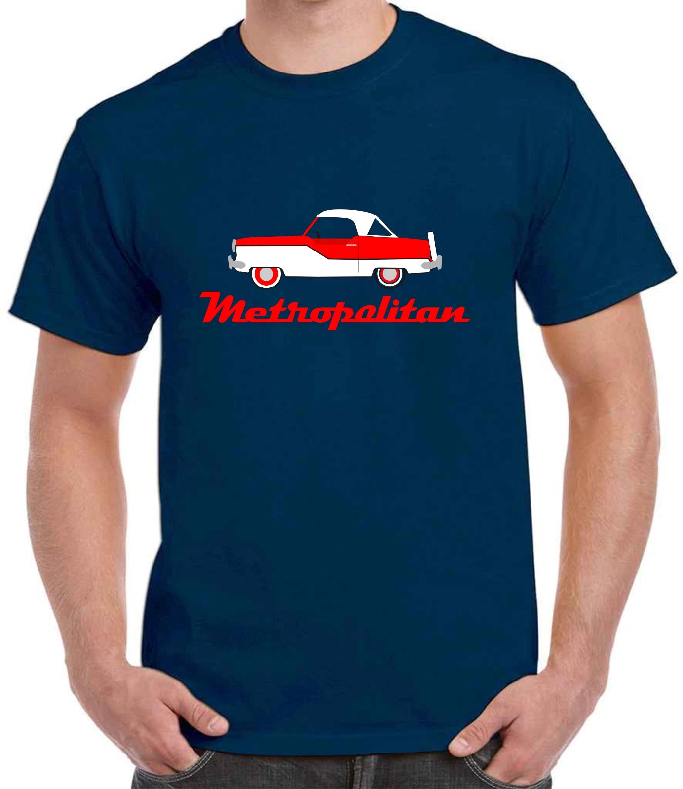 Navy blue t-shirt with a red and white car graphic and 'Metropolitan' text on a white background