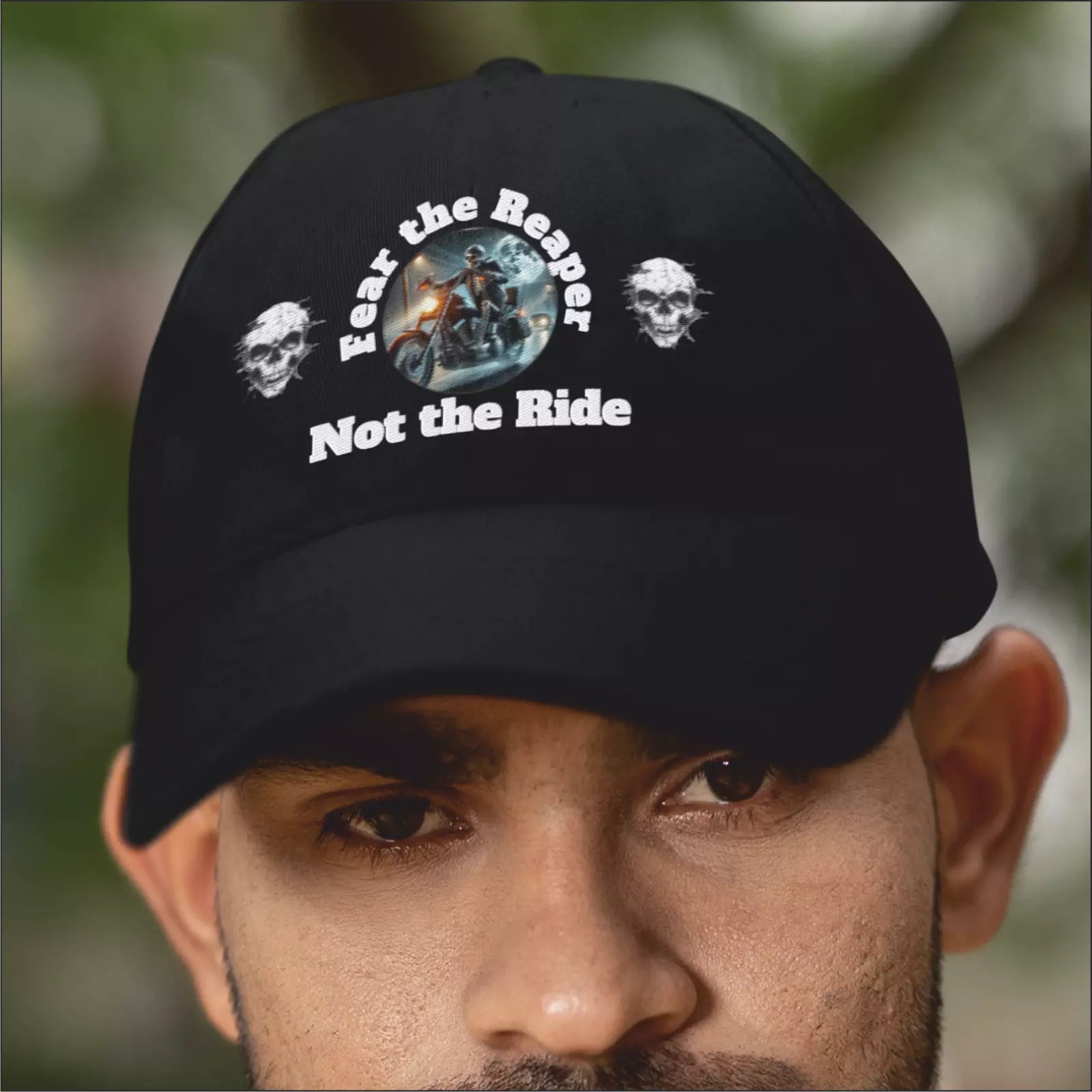 Funny  Biker Motorcycle 'Fear the Reaper' Text & Image Premium Baseball cap