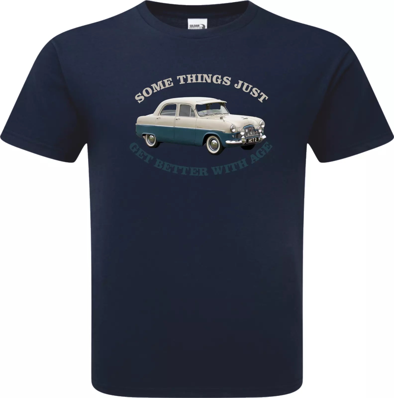 Navy blue t-shirt with vintage car graphic and text on a white background