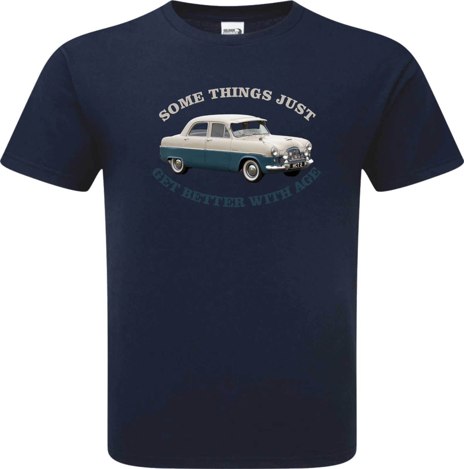 Navy blue t-shirt with vintage car graphic and text on a white background