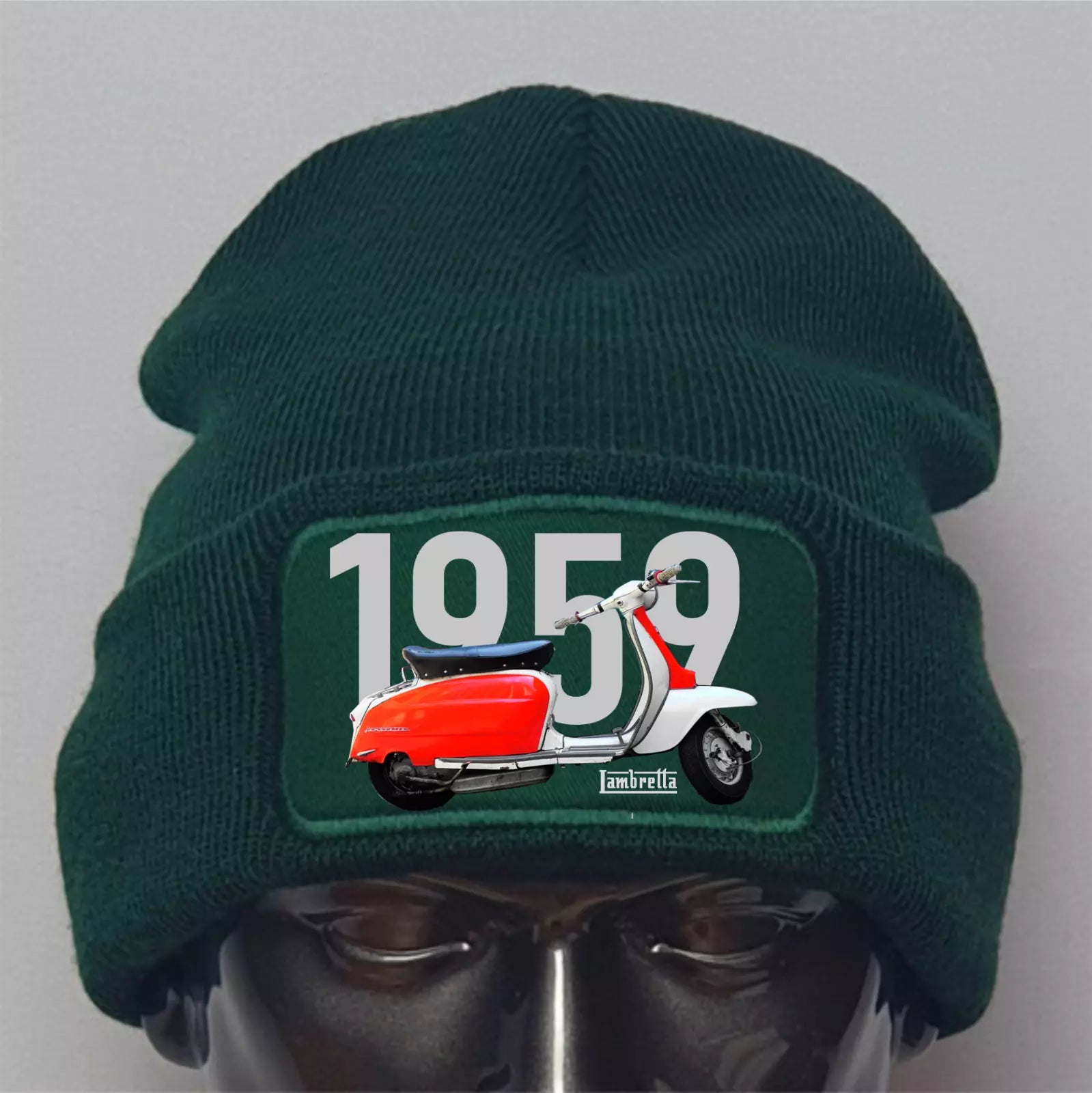 Green beanie with a graphic of a 1959 Lambretta scooter on a gray background