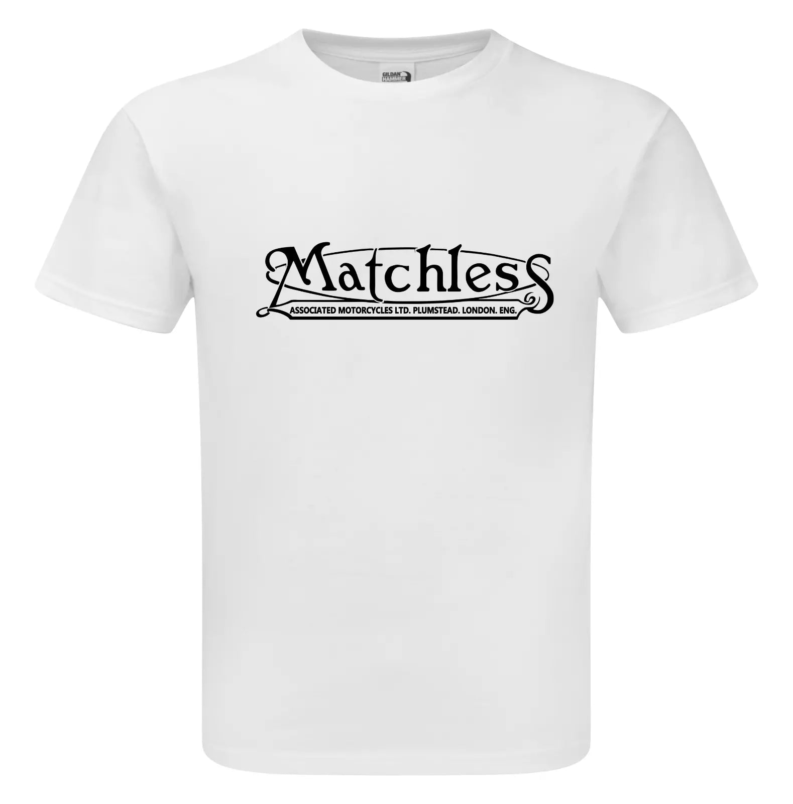 White t-shirt with 'Matchless' logo on a white background