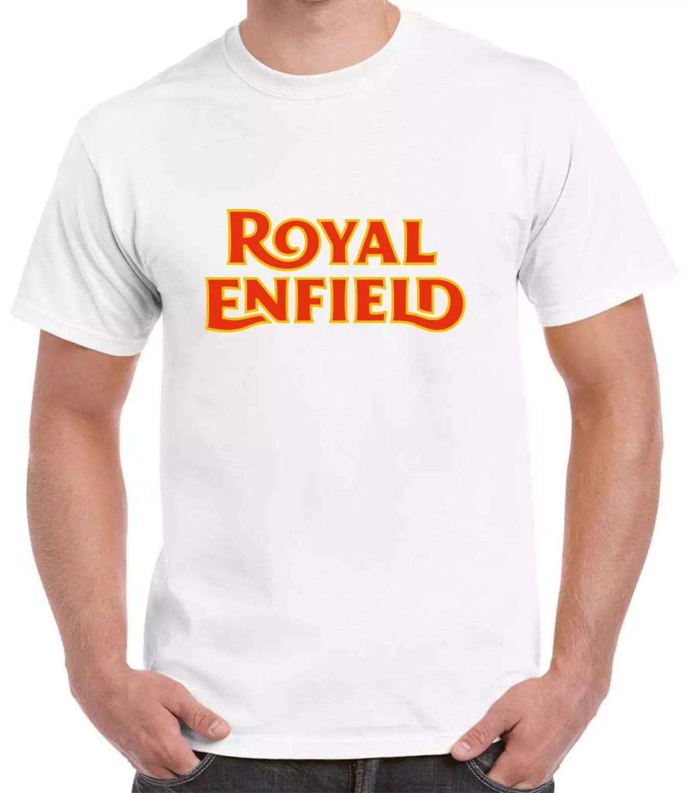 White t-shirt with Royal Enfield logo on a white background