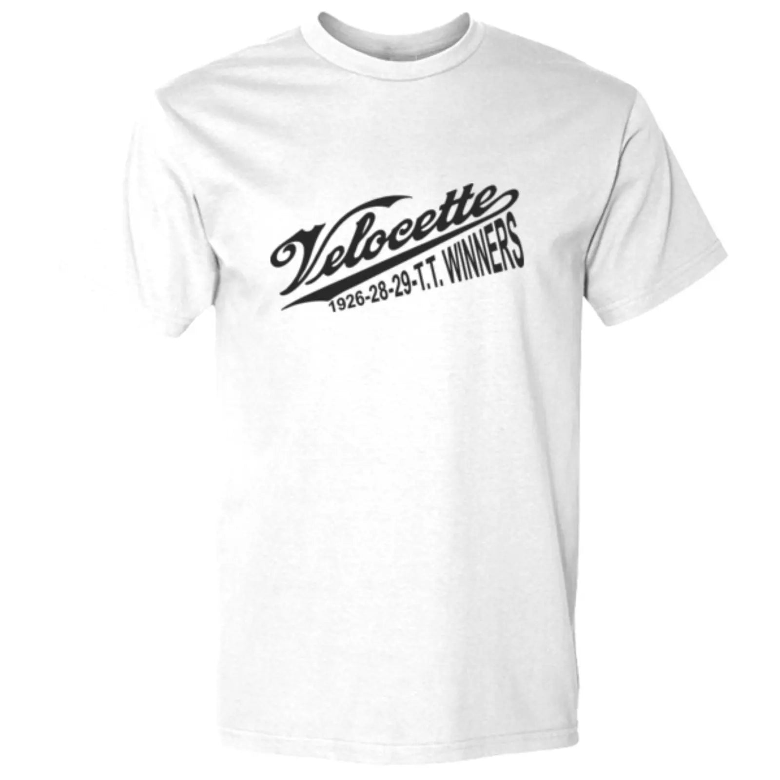 White t-shirt with 'Velocette' and '1926-28-29 T.T. Winners' text on a white background