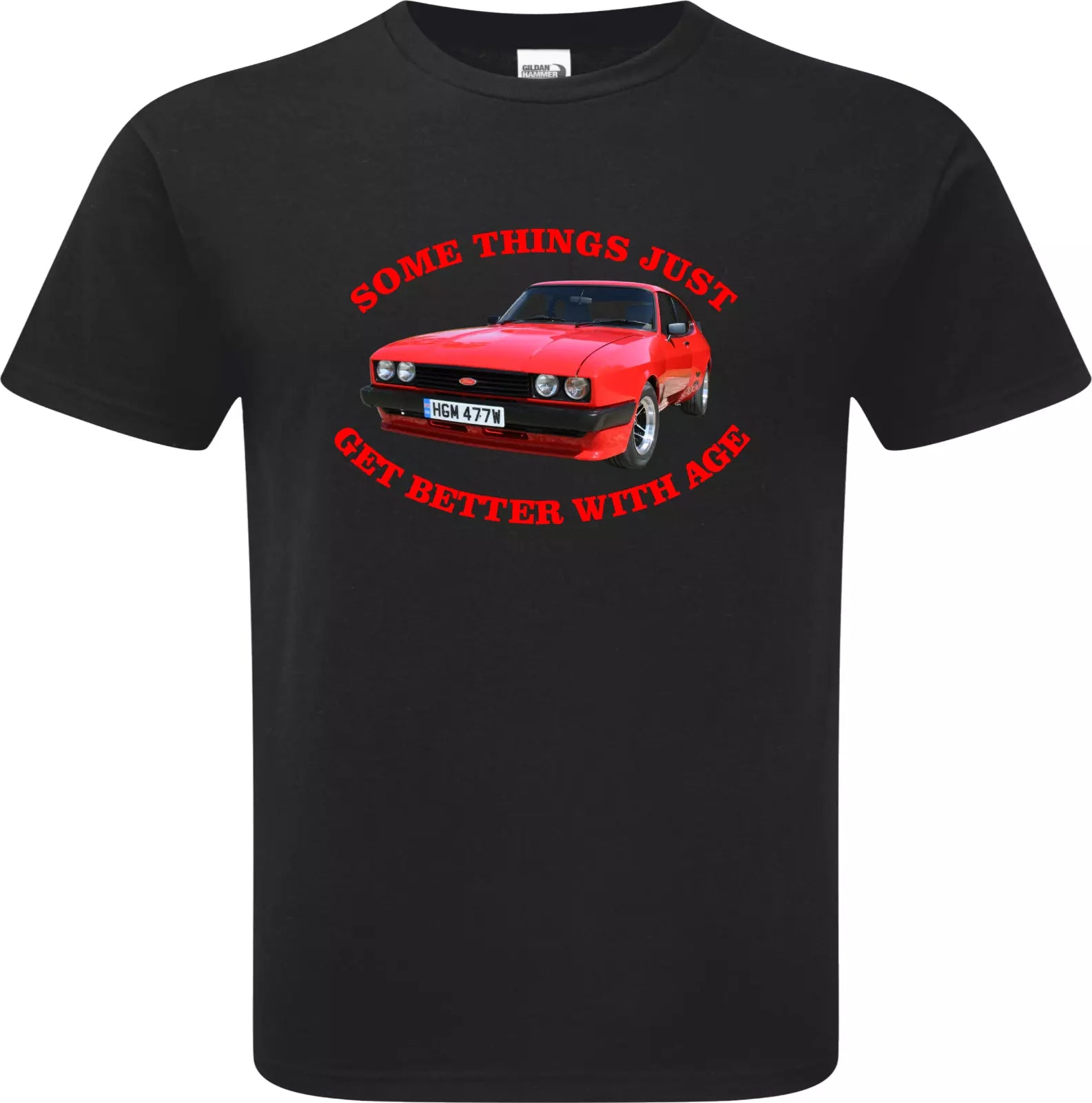 Black t-shirt with a red car graphic and text on a white background