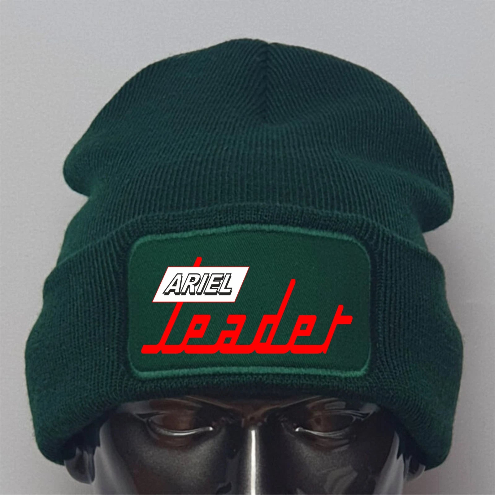 Green beanie with 'Ariel Leader' logo on a mannequin head against a gray background
