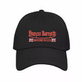 Black cap with red text and British flag design on a white background