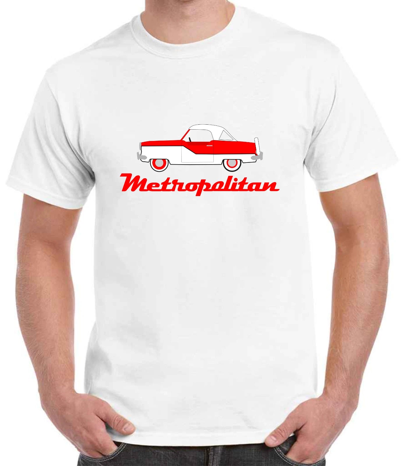 White t-shirt with a red and white car graphic and 'Metropolitan' text on a white background